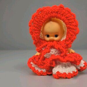 Vintage Kewpie Doll with Hand Crochet Clothes Red Dress 7 3/4" Tall